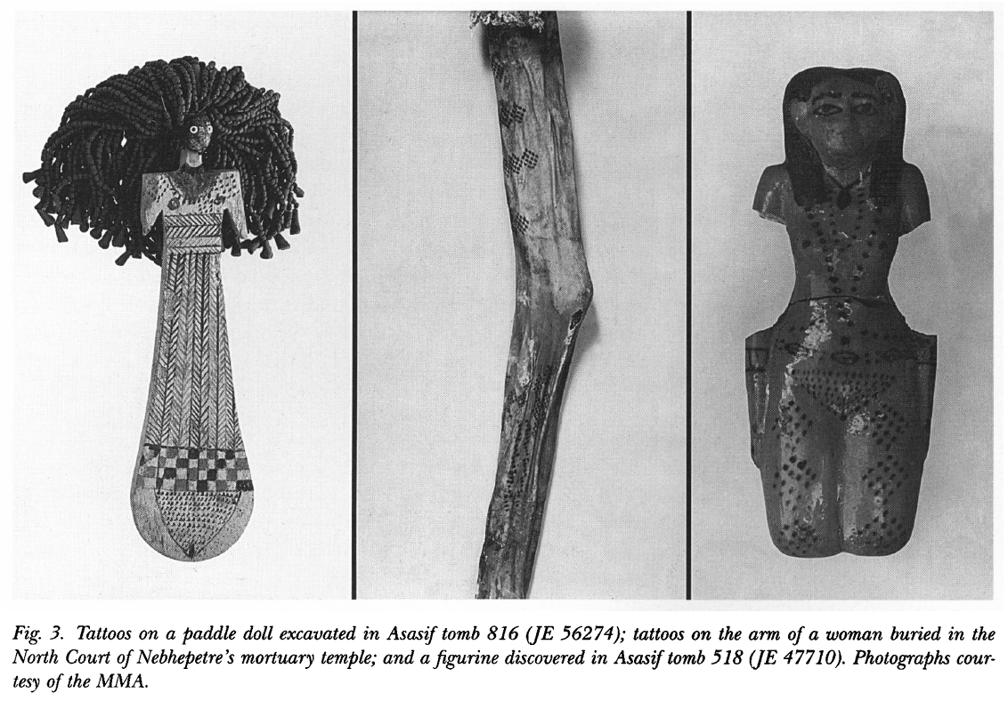 Tattoos found on a woman and female figurines
