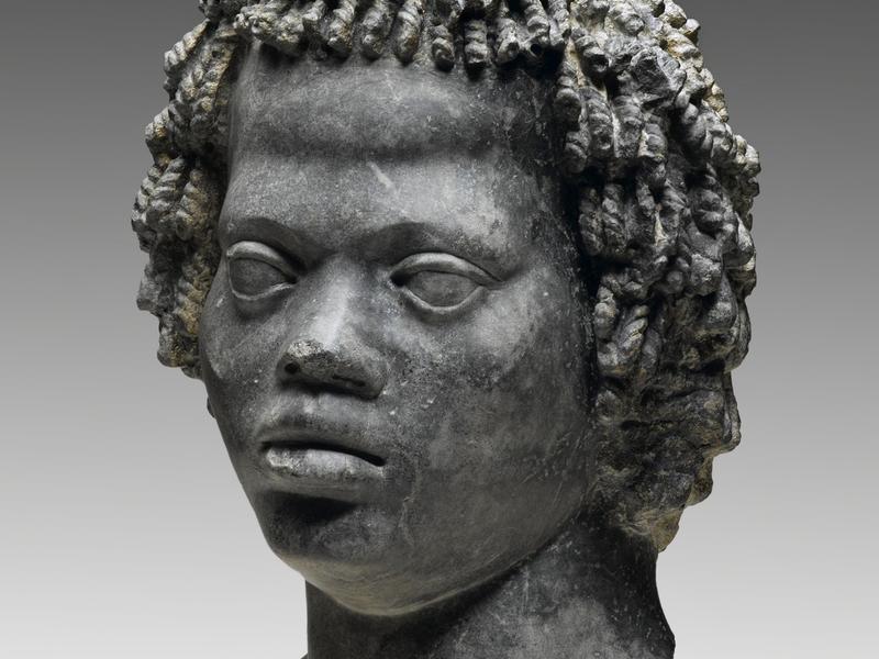 Head of a Man with Tight, Curly Hair, late 2nd century B.C.E. Marble, "Bigio Morata", 11 x 7 11/16 x 7 1/2 in. (28 x 19.5 x 19 cm). Brooklyn Museum, Charles Edwin Wilbour Fund, 70.59. 